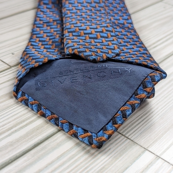 Givenchy Geometric Block Print Silk Tie in Metallic Blue and Burnt Orange - Picture 5 of 8